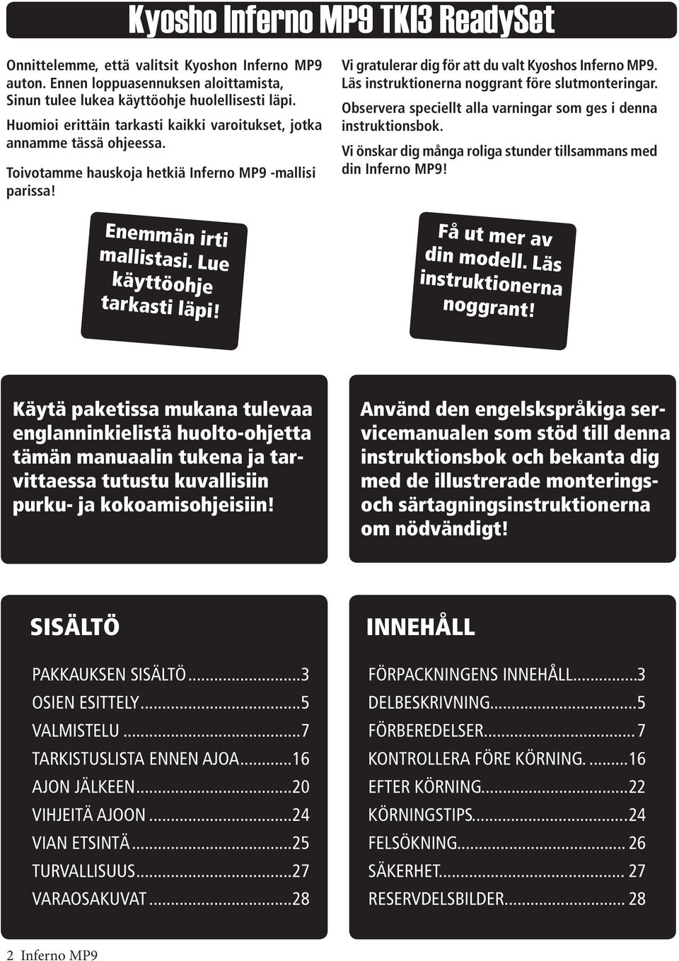 Läs instruktionerna noggrant före slutmonteringar. Observera speciellt alla varningar som ges i denna instruktionsbok. Vi önskar dig många roliga stunder tillsammans med din Inferno MP9!