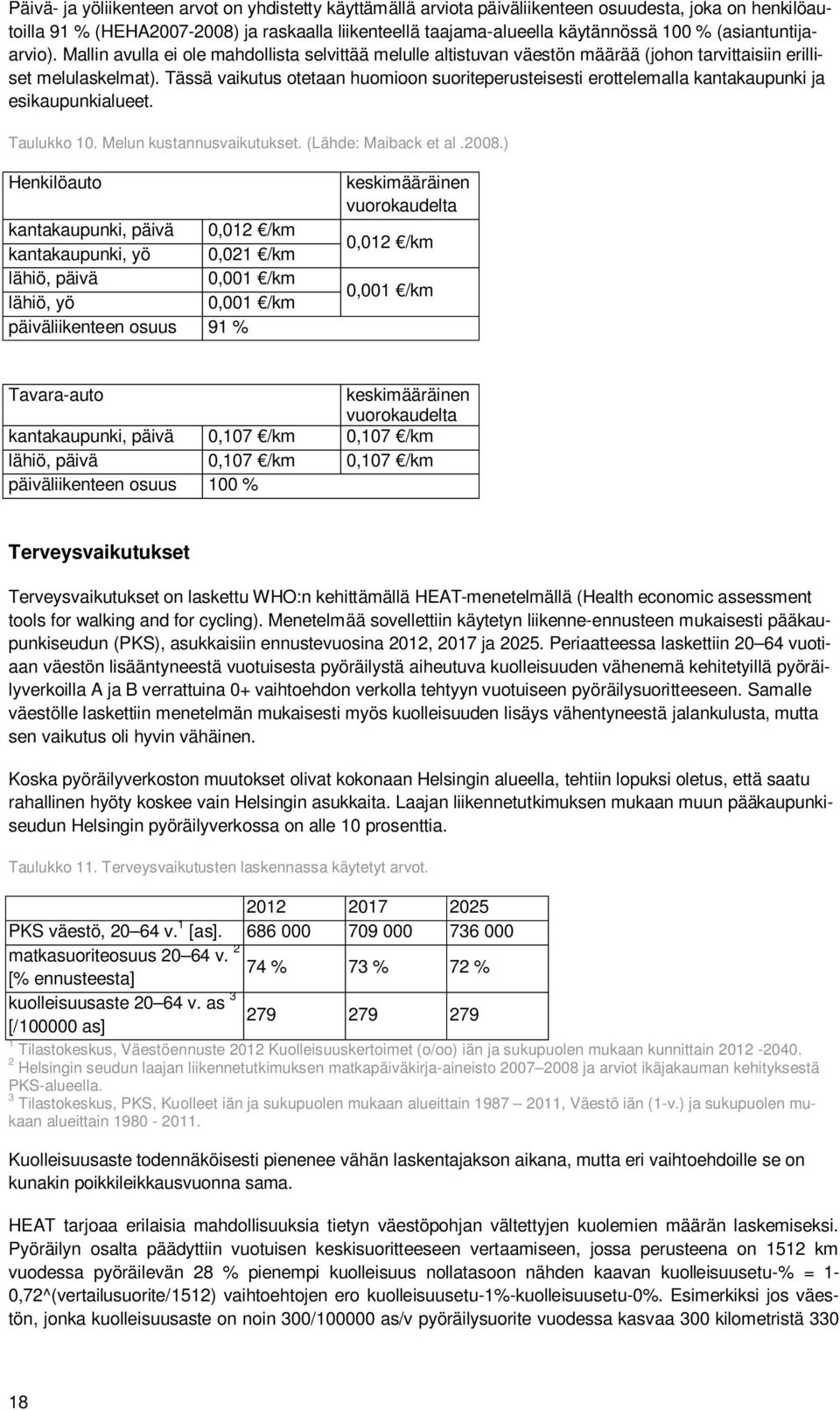 Tässä vaikutus otetaan huomioon suoriteperusteisesti erottelemalla kantakaupunki ja esikaupunkialueet. Taulukko 10. Melun kustannusvaikutukset. (Lähde: Maiback et al.2008.