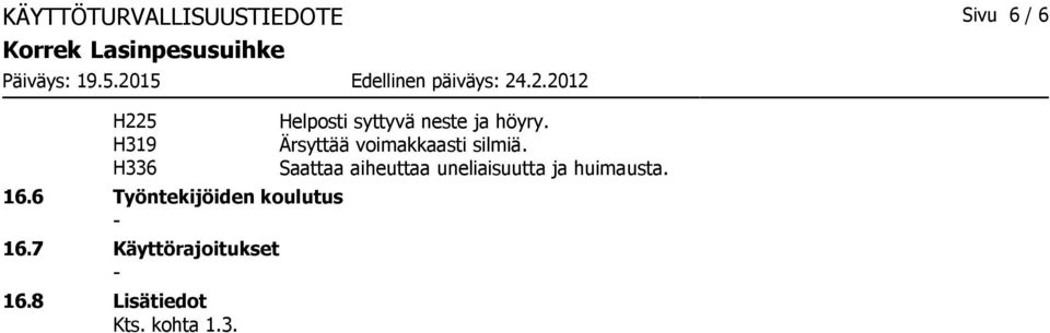 8 Lisätiedot Kts. kohta 1.3. Helposti syttyvä neste ja höyry.