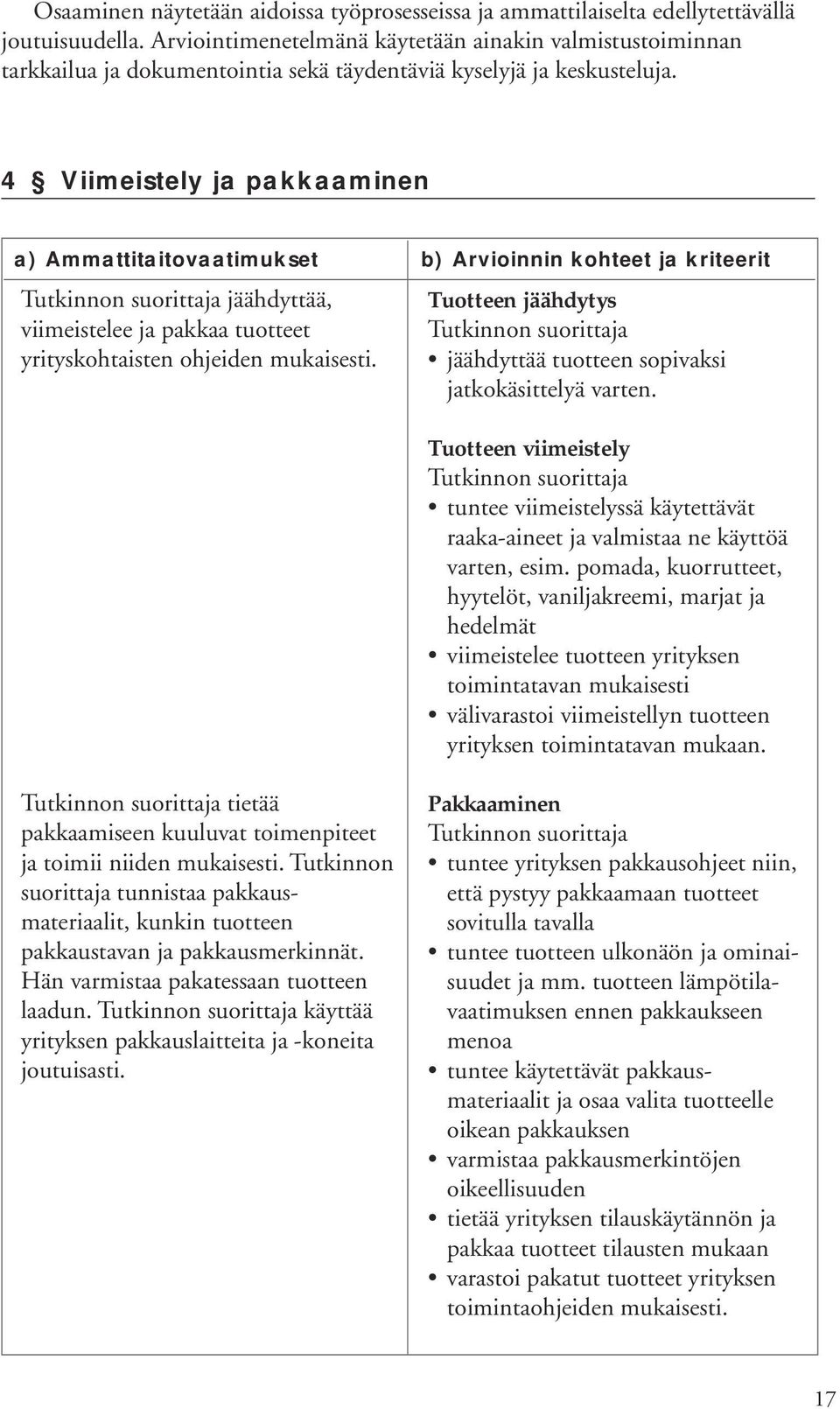 4 Viimeistely ja pakkaaminen a) Ammattitaitovaatimukset jäähdyttää, viimeistelee ja pakkaa tuotteet yrityskohtaisten ohjeiden mukaisesti.