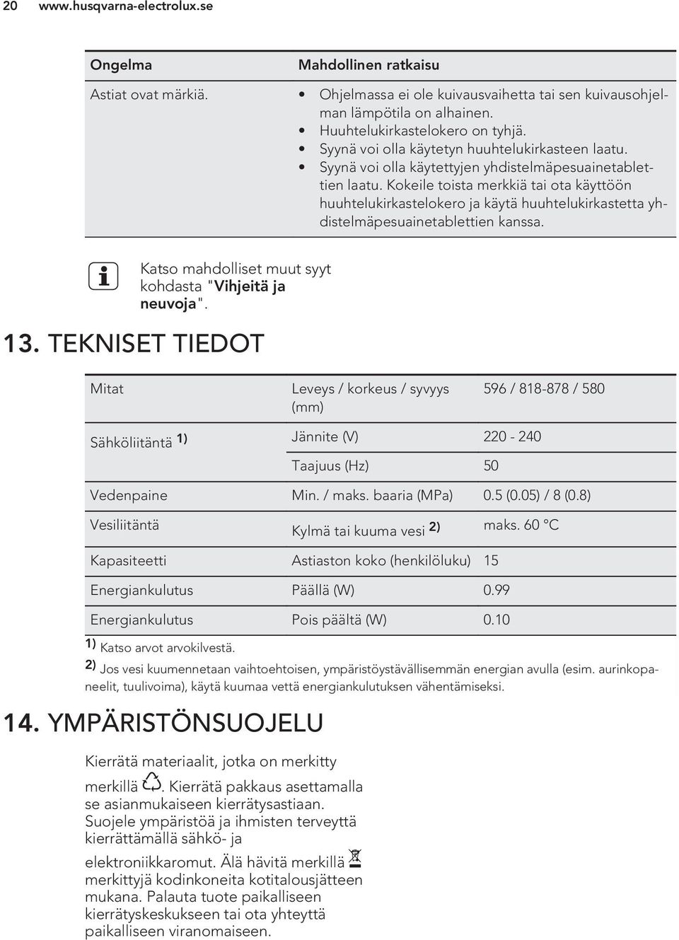 Kokeile toista merkkiä tai ota käyttöön huuhtelukirkastelokero ja käytä huuhtelukirkastetta yhdistelmäpesuainetablettien kanssa. Katso mahdolliset muut syyt kohdasta "Vihjeitä ja neuvoja". 13.