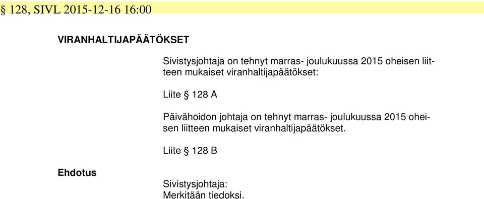 viranhaltijapäätökset: Liite 128 A Päivähoidon johtaja on 