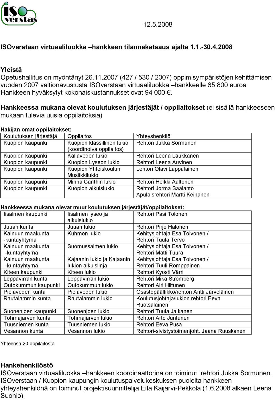 Hankkeessa mukana olevat koulutuksen järjestäjät / oppilaitokset (ei sisällä hankkeeseen mukaan tulevia uusia oppilaitoksia) Hakijan omat oppilaitokset: Koulutuksen järjestäjä Oppilaitos