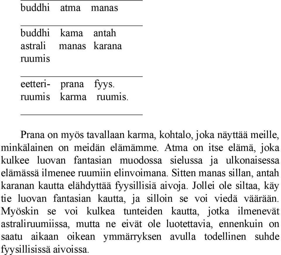 Atma on itse elämä, joka kulkee luovan fantasian muodossa sielussa ja ulkonaisessa elämässä ilmenee ruumiin elinvoimana.