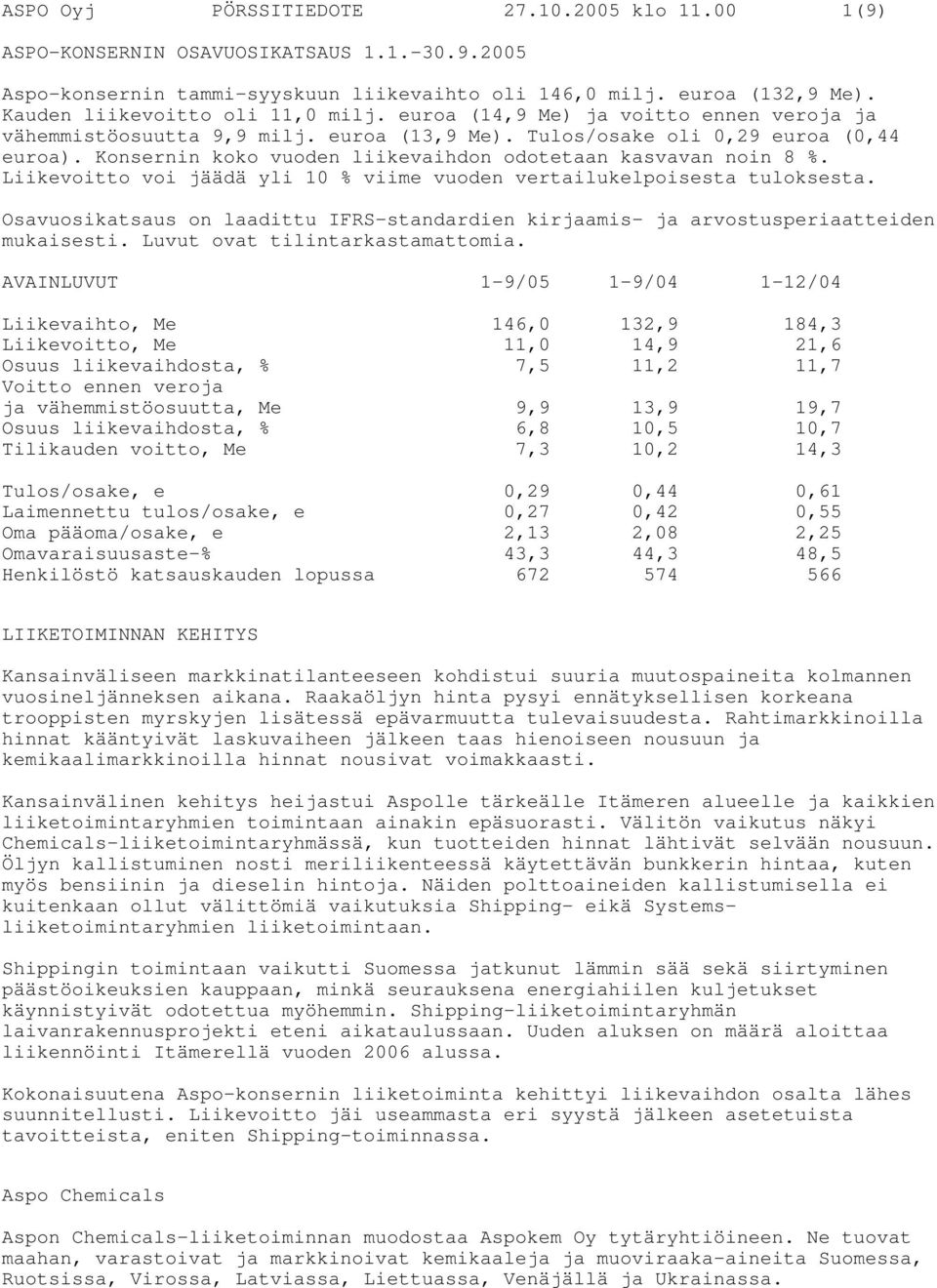 Konsernin koko vuoden liikevaihdon odotetaan kasvavan noin 8 %. Liikevoitto voi jäädä yli 10 % viime vuoden vertailukelpoisesta tuloksesta.