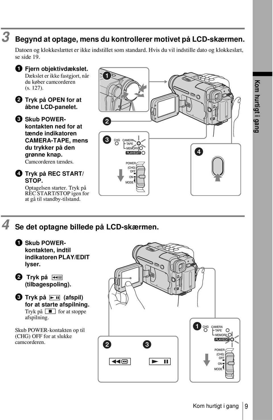 c Skub POWERkontakten ned for at tænde indikatoren CAMERA-TAPE, mens du trykker på den grønne knap. Camcorderen tændes. Kom hurtigt i gang d Tryk på REC START/ STOP. Optagelsen starter.