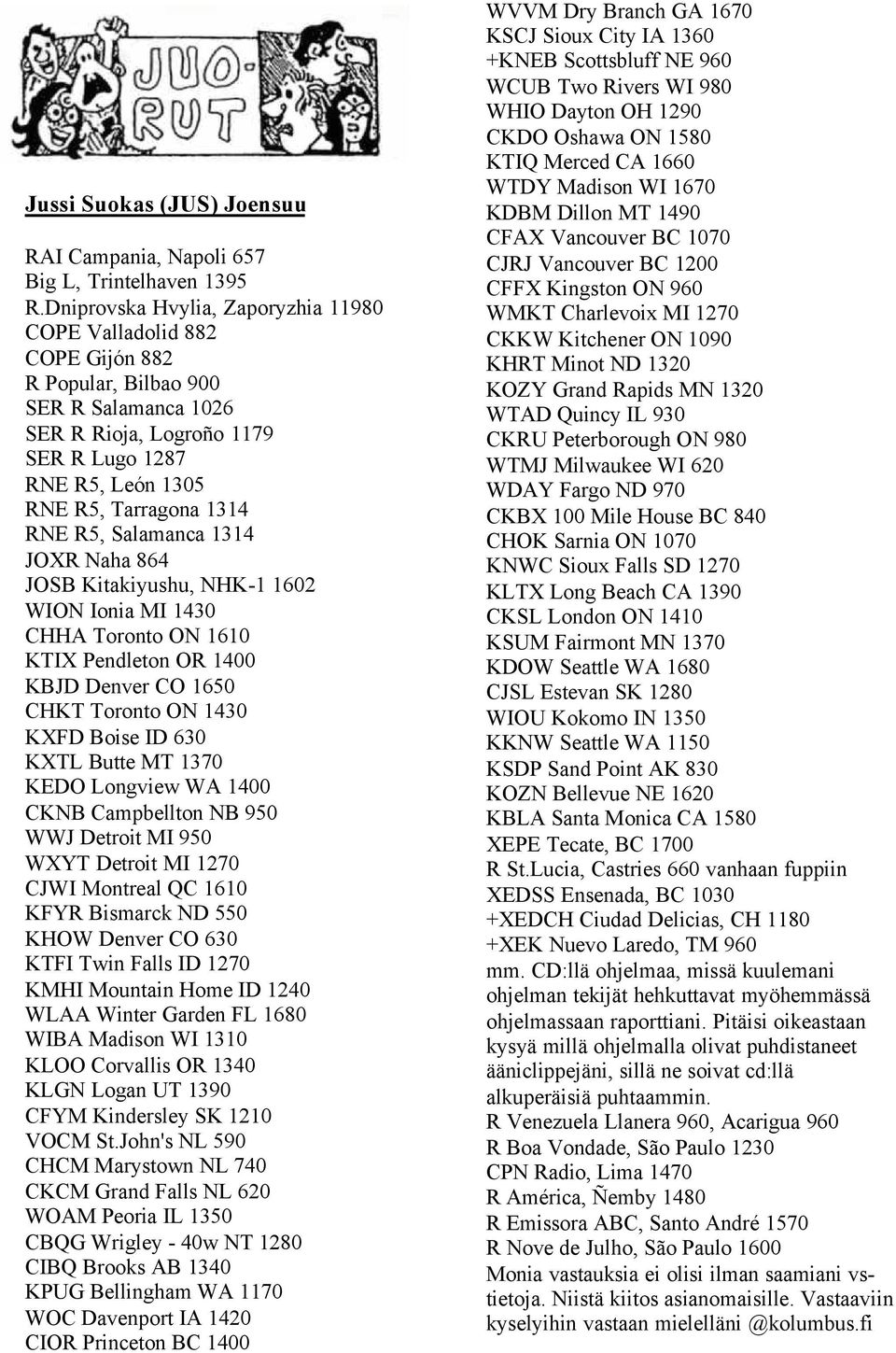 RNE R5, Salamanca 1314 JOXR Naha 864 JOSB Kitakiyushu, NHK-1 1602 WION Ionia MI 1430 CHHA Toronto ON 1610 KTIX Pendleton OR 1400 KBJD Denver CO 1650 CHKT Toronto ON 1430 KXFD Boise ID 630 KXTL Butte