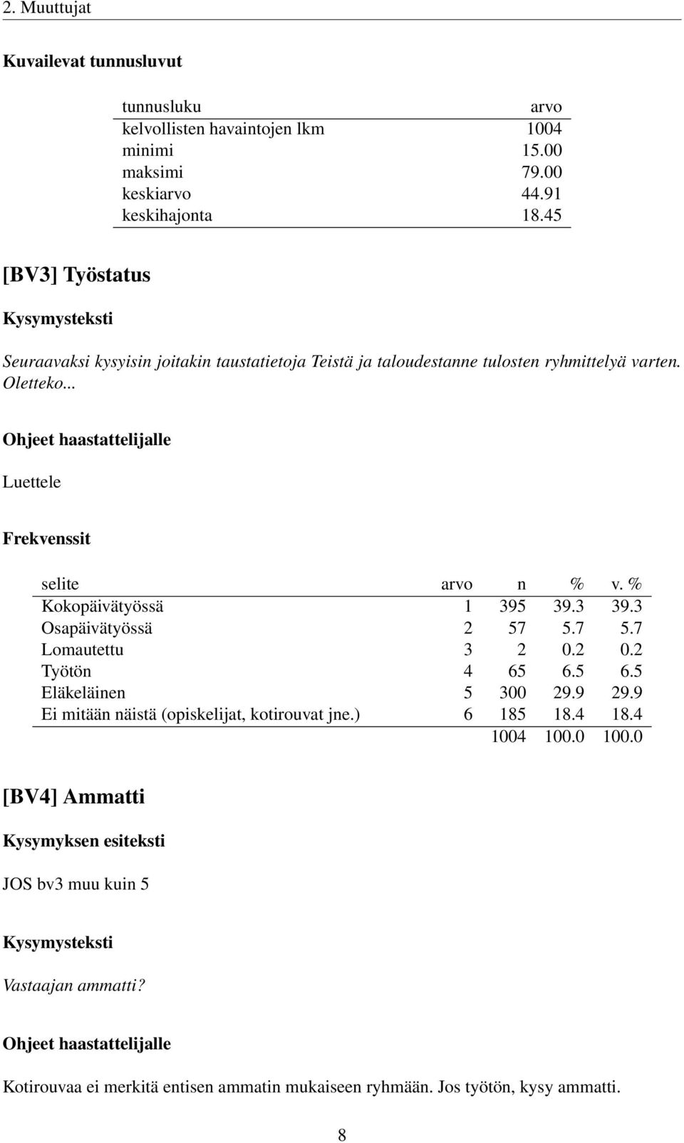 .. Ohjeet haastattelijalle Luettele Kokopäivätyössä 1 395 39.3 39.3 Osapäivätyössä 2 57 5.7 5.7 Lomautettu 3 2 0.2 0.2 Työtön 4 65 6.5 6.5 Eläkeläinen 5 300 29.9 29.