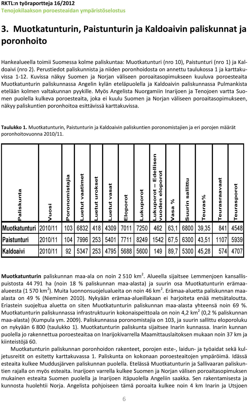 Muotkatunturin, Paistunturin ja Kaldoaivin paliskunnat ja poronhoito Hankealueella toimii Suomessa kolme paliskuntaa: Muotkatunturi (nro 10), Paistunturi (nro 1) ja Kaldoaivi (nro 2).