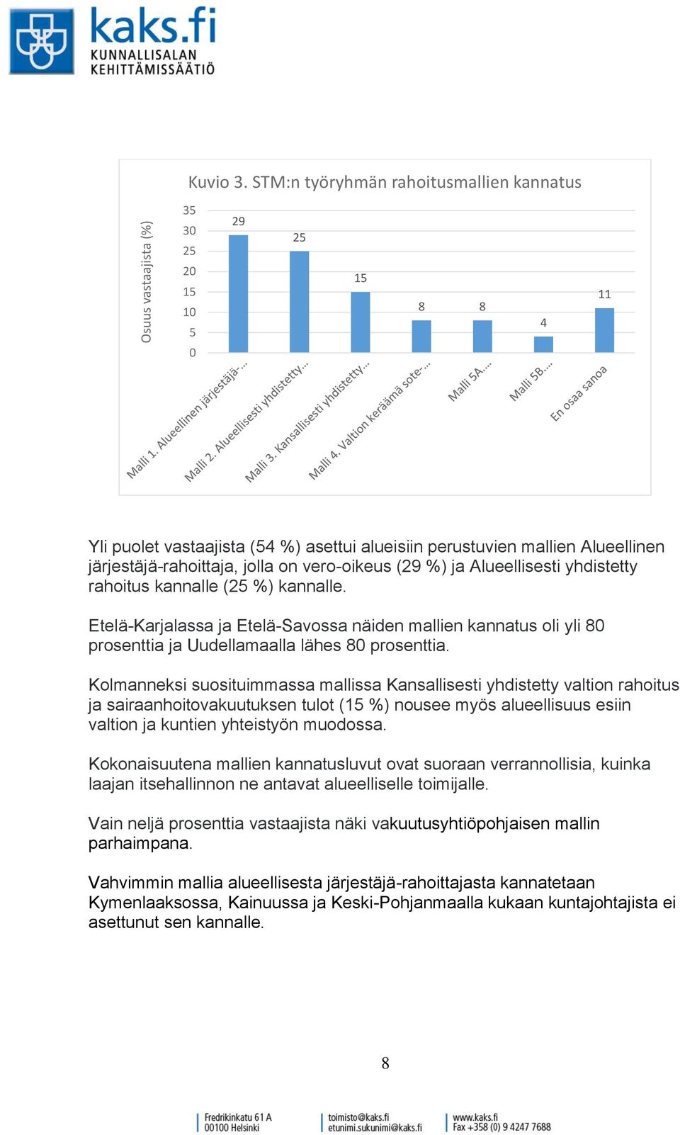 vero-oikeus (29 %) ja Alueellisesti yhdistetty rahoitus kannalle (25 %) kannalle. Etelä-Karjalassa ja Etelä-Savossa näiden mallien kannatus oli yli 80 prosenttia ja Uudellamaalla lähes 80 prosenttia.