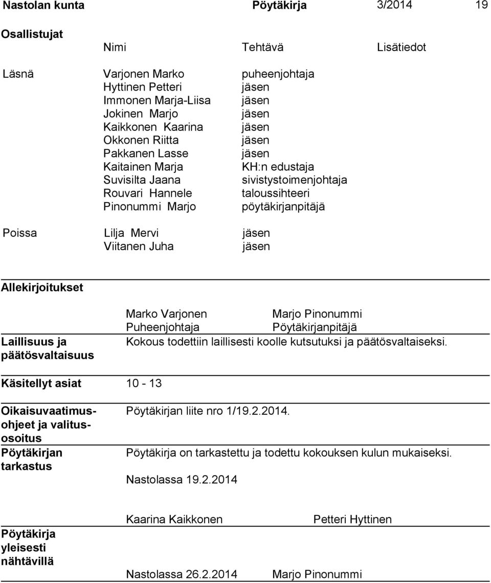 jäsen Viitanen Juha jäsen Allekirjoitukset Laillisuus ja päätösvaltaisuus Marko Varjonen Marjo Pinonummi Puheenjohtaja Pöytäkirjanpitäjä Kokous todettiin laillisesti koolle kutsutuksi ja