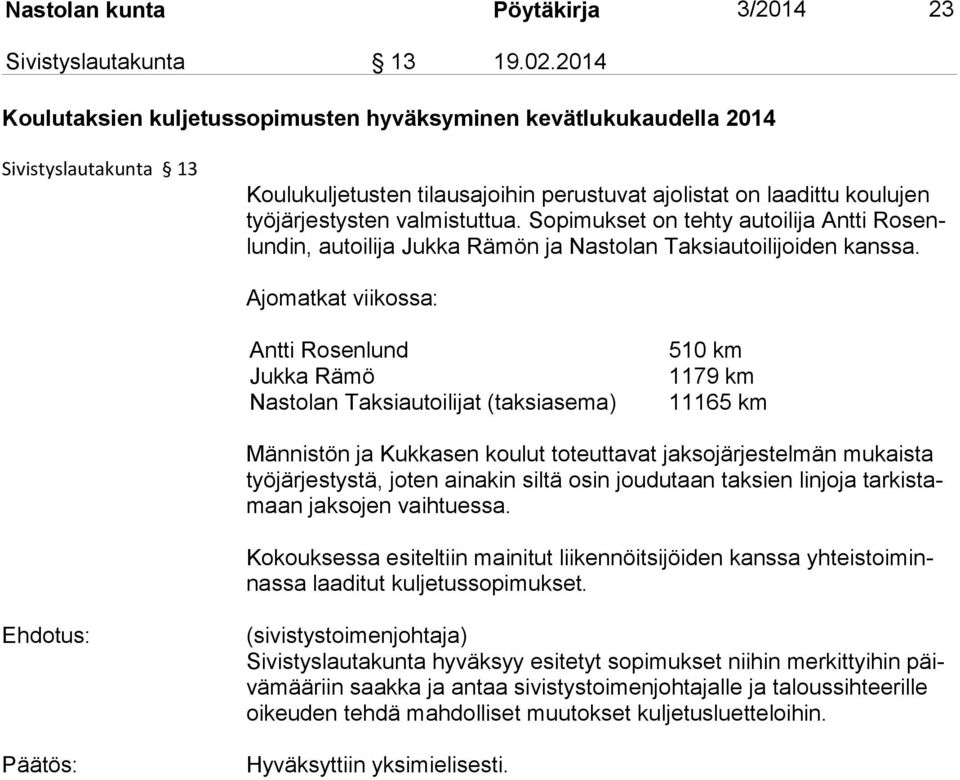 Sopimukset on tehty autoilija Antti Rosenlundin, autoilija Jukka Rämön ja Nastolan Taksiautoilijoiden kanssa.