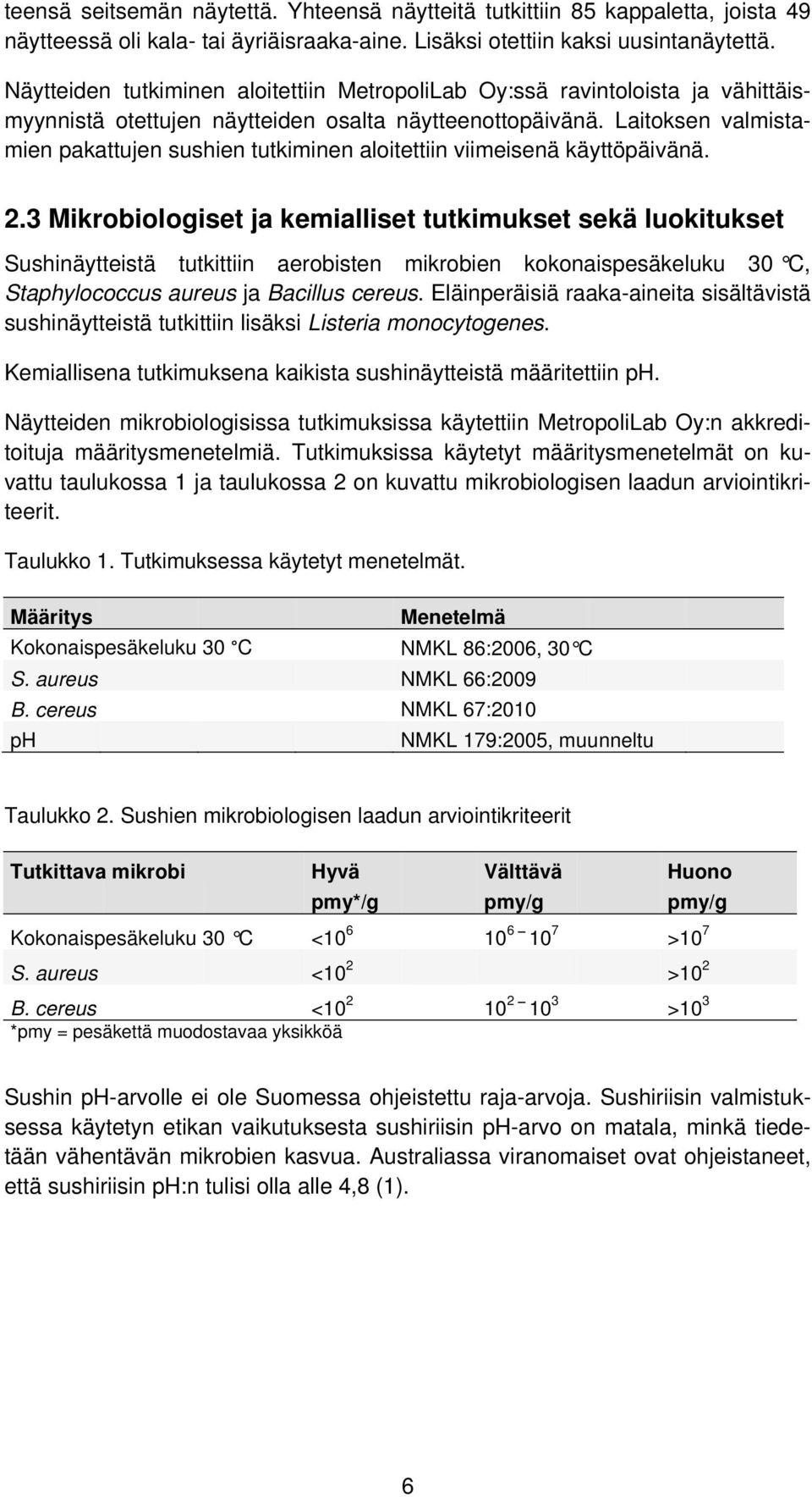 Laitoksen valmistamien pakattujen sushien tutkiminen aloitettiin viimeisenä käyttöpäivänä. 2.