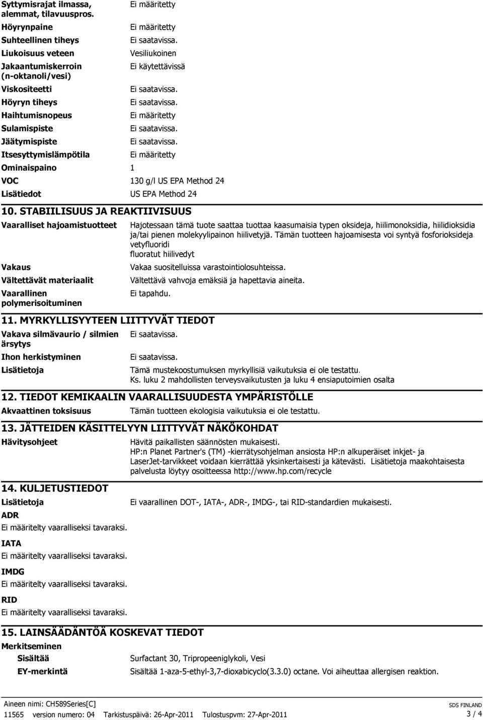 Vesiliukoinen Ei käytettävissä VOC 130 g/l US EPA Method 24 US EPA Method 24 10.