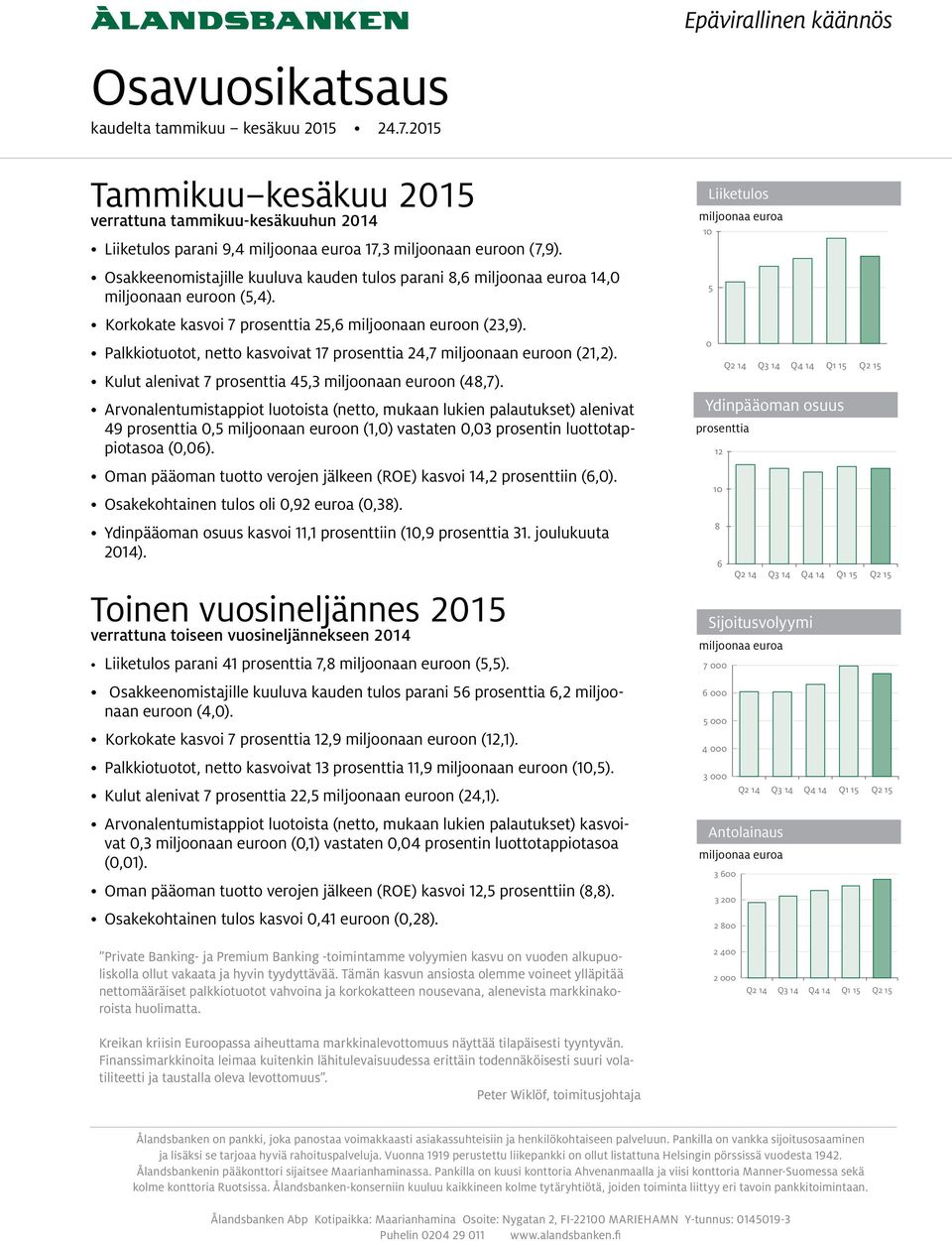 Palkkiotuotot, netto kasvoivat 17 prosenttia 24,7 miljoonaan euroon (21,2). Kulut alenivat 7 prosenttia 45,3 miljoonaan euroon (48,7).