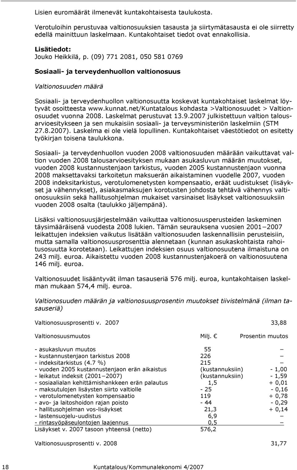 (09) 771 2081, 050 581 0769 Sosiaali- ja terveydenhuollon valtionosuus Valtionosuuden määrä Sosiaali- ja terveydenhuollon valtionosuutta koskevat kuntakohtaiset laskelmat löytyvät osoitteesta www.