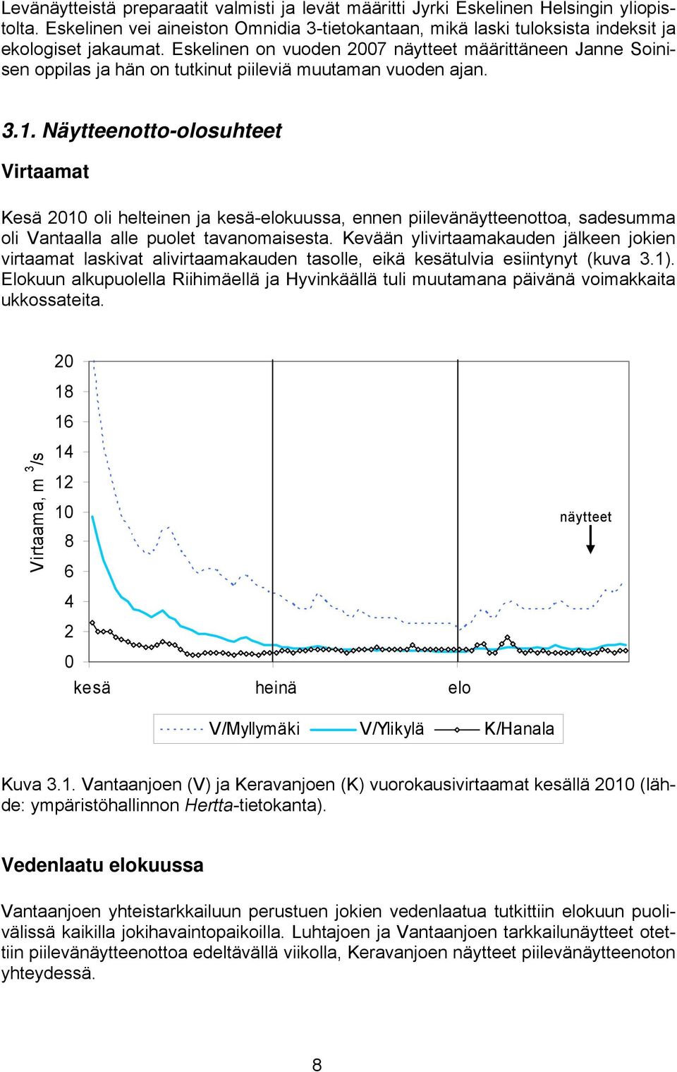 Näytteenotto-olosuhteet Virtaamat Kesä 2010 oli helteinen ja kesä-elokuussa, ennen piilevänäytteenottoa, sadesumma oli Vantaalla alle puolet tavanomaisesta.