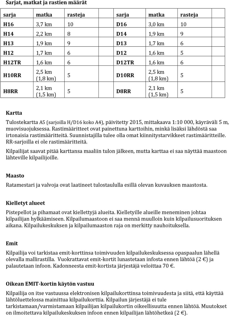 käyräväli 5 m, muovisuojuksessa. Rastimääritteet ovat painettuna karttoihin, minkä lisäksi lähdöstä saa irtonaisia rastimääritteitä.