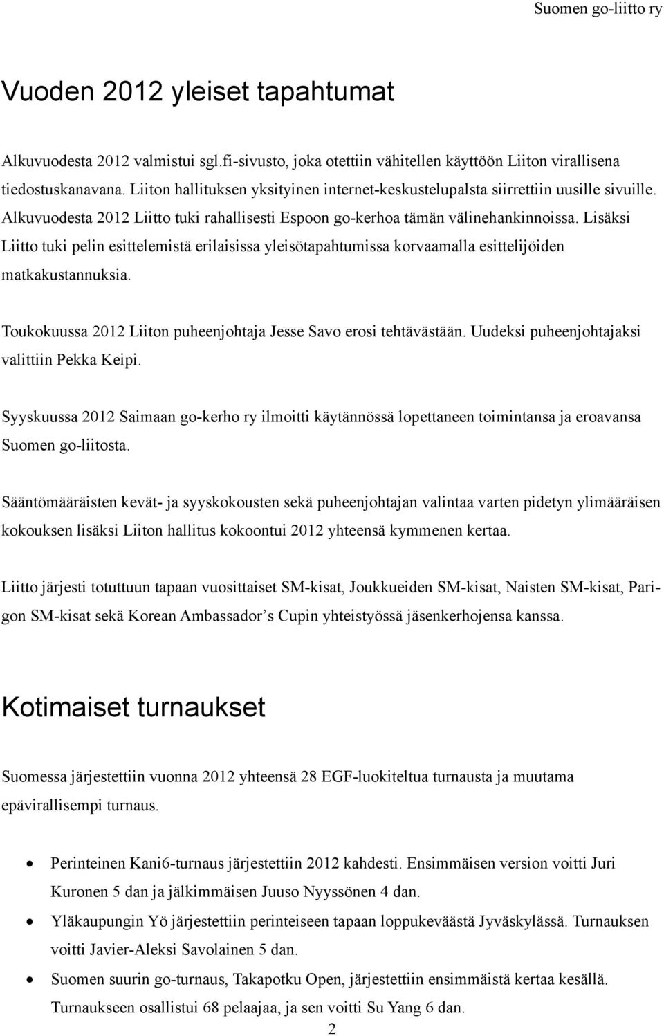 Lisäksi Liitto tuki pelin esittelemistä erilaisissa yleisötapahtumissa korvaamalla esittelijöiden matkakustannuksia. Toukokuussa 2012 Liiton puheenjohtaja Jesse Savo erosi tehtävästään.