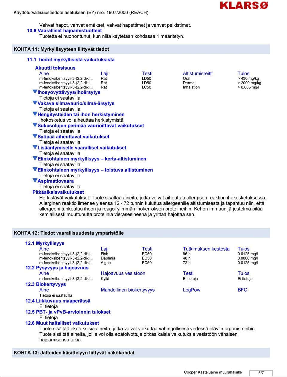 .. mfenoksibentsyyli3(2,2dikl... mfenoksibentsyyli3(2,2dikl... Rat Rat Rat LD50 LD50 LC50 Oral Dermal Inhalation > 430 mg/kg > 2000 mg/kg > 0.