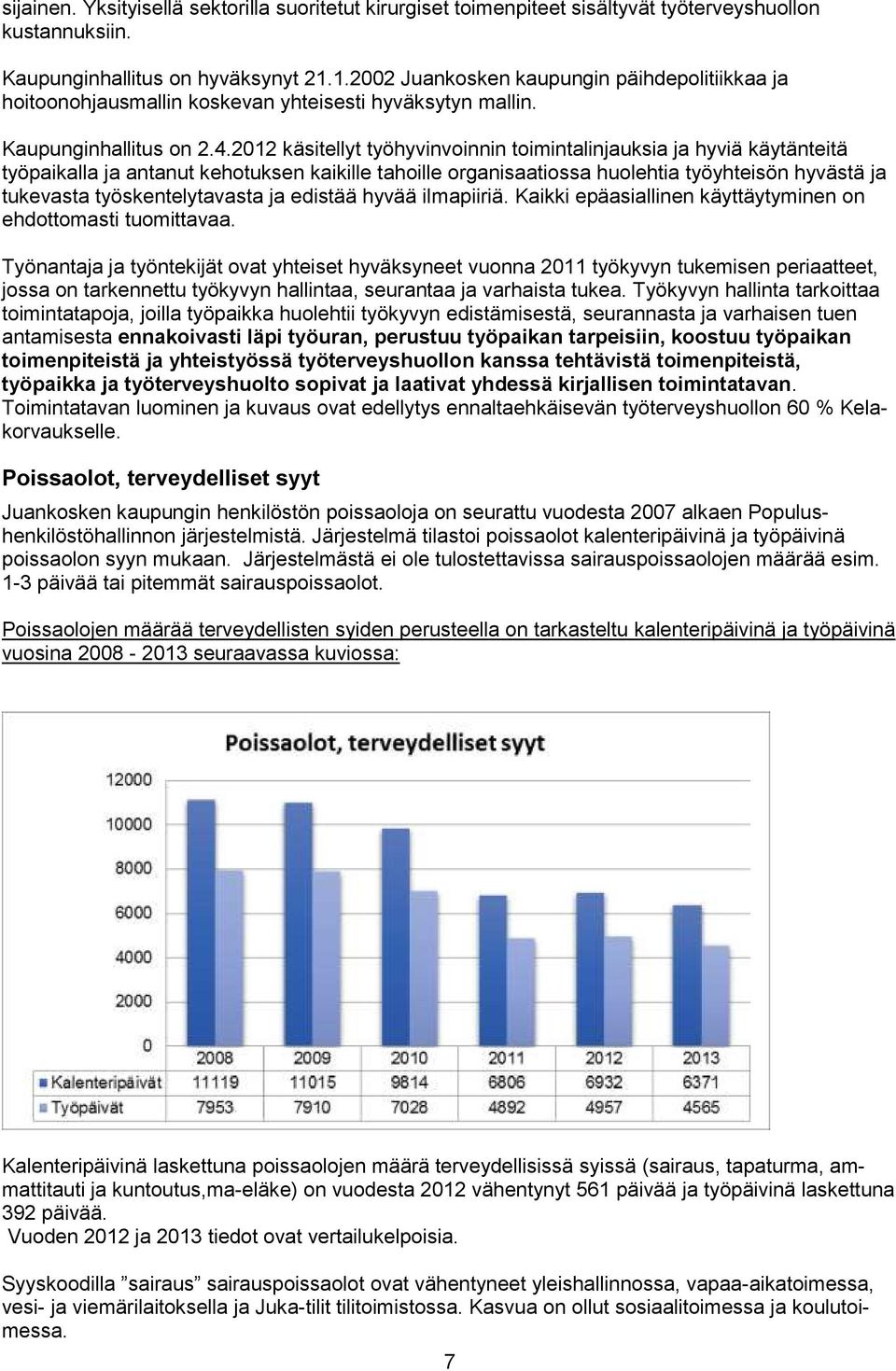 2012 käsitellyt työhyvinvoinnin toimintalinjauksia ja hyviä käytänteitä työpaikalla ja antanut kehotuksen kaikille tahoille organisaatiossa huolehtia työyhteisön hyvästä ja tukevasta