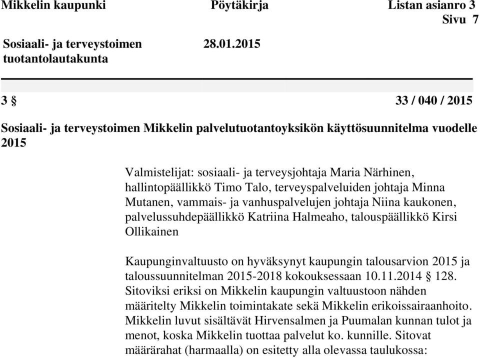 Talo, terveyspalveluiden johtaja Minna Mutanen, vammais- ja vanhuspalvelujen johtaja Niina kaukonen, palvelussuhdepäällikkö Katriina Halmeaho, talouspäällikkö Kirsi Ollikainen Kaupunginvaltuusto on