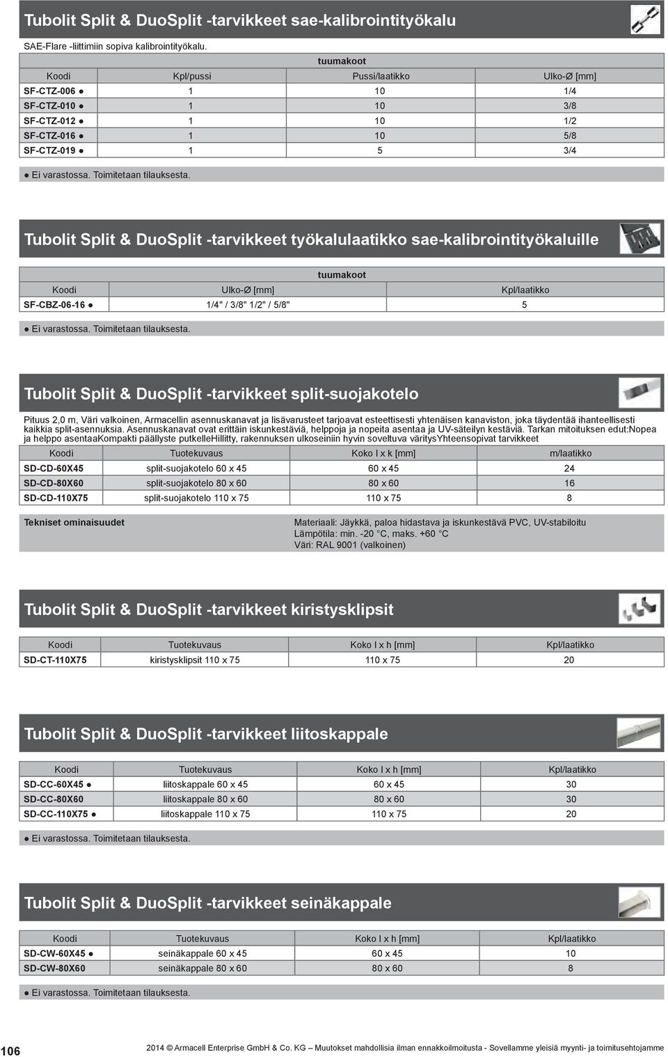 8 SF-CTZ-019 1. 5. 3/4 Tubolit Split & DuoSplit -tarvikkeet työkalulaatikko sae-kalibrointityökaluille tuumakoot Koodi Ulko-Ø [mm] Kpl/laatikko SF-CBZ-06-16 1/4" / 3/8" 1/2" / 5/8" 5.