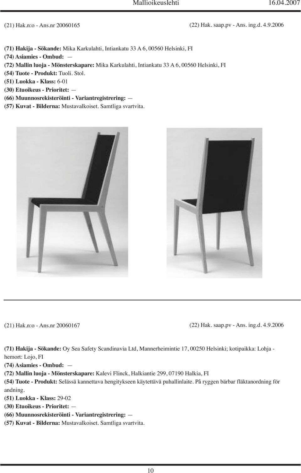 (54) Tuote - Produkt: Tuoli. Stol. (51) Luokka - Klass: 6-01 (21) Hak.n:o - Ans.nr 20060167 (22) Hak. saap.pv - Ans. ing.d. 4.9.
