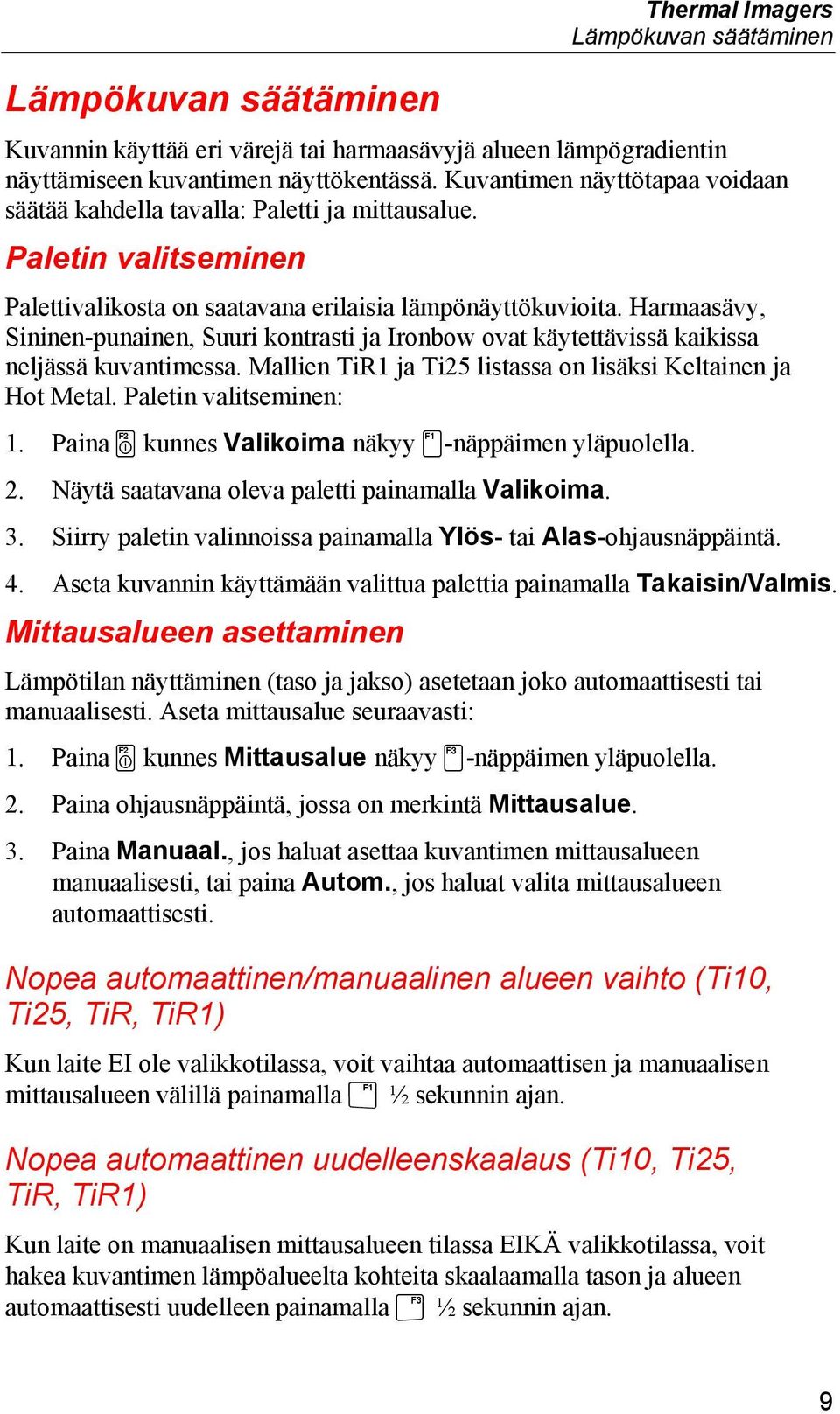 Harmaasävy, Sininen-punainen, Suuri kontrasti ja Ironbow ovat käytettävissä kaikissa neljässä kuvantimessa. Mallien TiR1 ja Ti25 listassa on lisäksi Keltainen ja Hot Metal. Paletin valitseminen: 1.