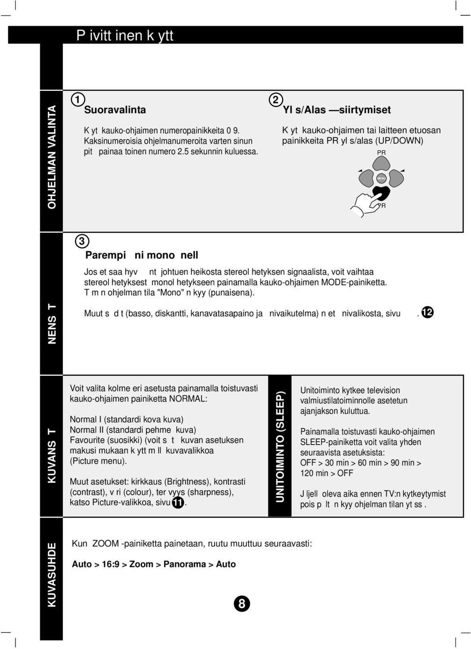 stereol hetyksest monol hetykseen painamalla kauko-ohjaimen MODE-painiketta. T m n ohjelman tila "Mono" n kyy (punaisena).