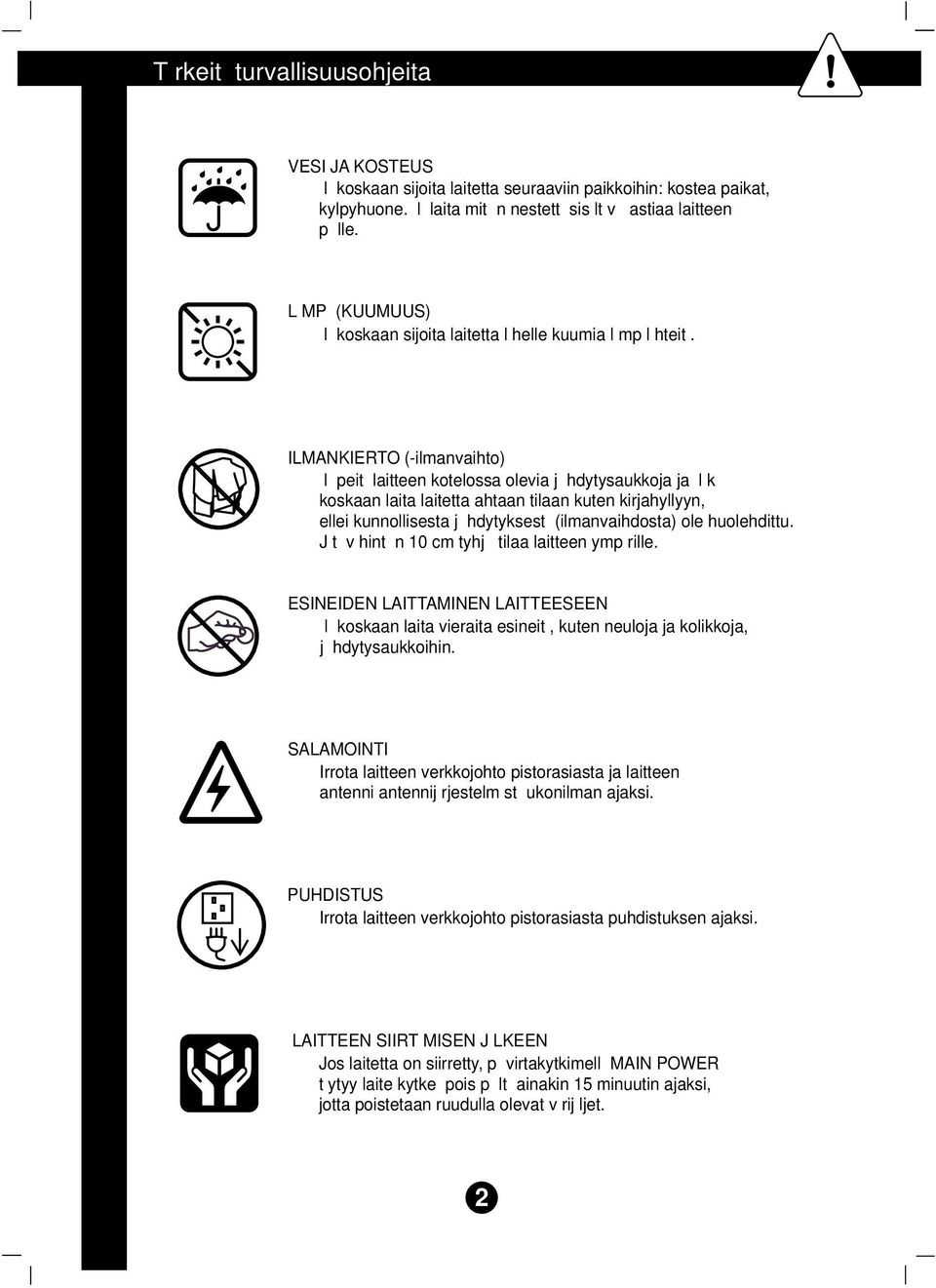 ILMANKIERTO (-ilmanvaihto) l peit laitteen kotelossa olevia j hdytysaukkoja ja l k koskaan laita laitetta ahtaan tilaan kuten kirjahyllyyn, ellei kunnollisesta j hdytyksest (ilmanvaihdosta) ole