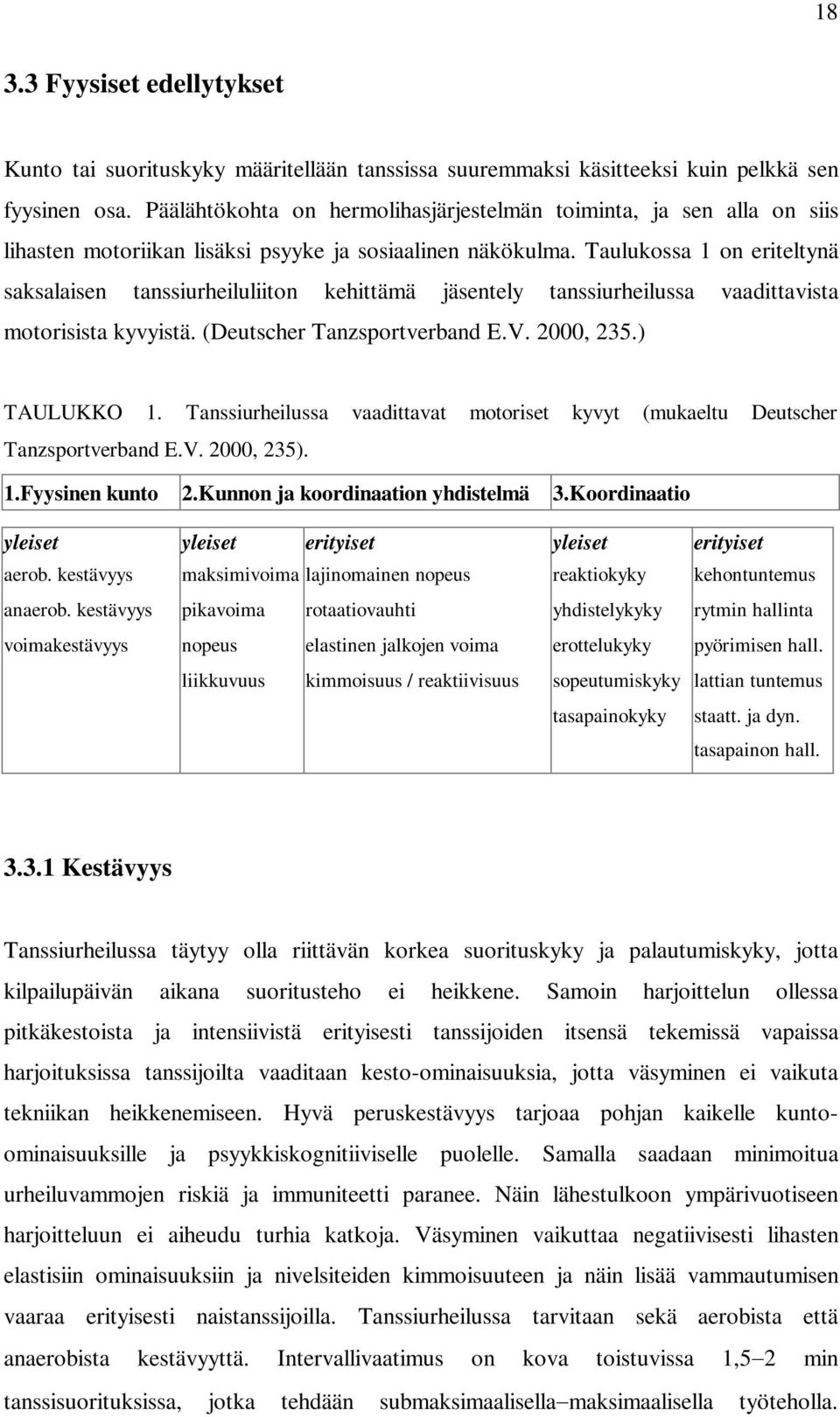 Taulukossa 1 on eriteltynä saksalaisen tanssiurheiluliiton kehittämä jäsentely tanssiurheilussa vaadittavista motorisista kyvyistä. (Deutscher Tanzsportverband E.V. 2000, 235.) TAULUKKO 1.