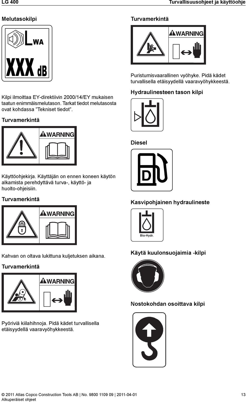 Hydraulinesteen tason kilpi Turvamerkintä Diesel Käyttöohjekirja. Käyttäjän on ennen koneen käytön alkamista perehdyttävä turva-, käyttö- ja huolto-ohjeisiin.