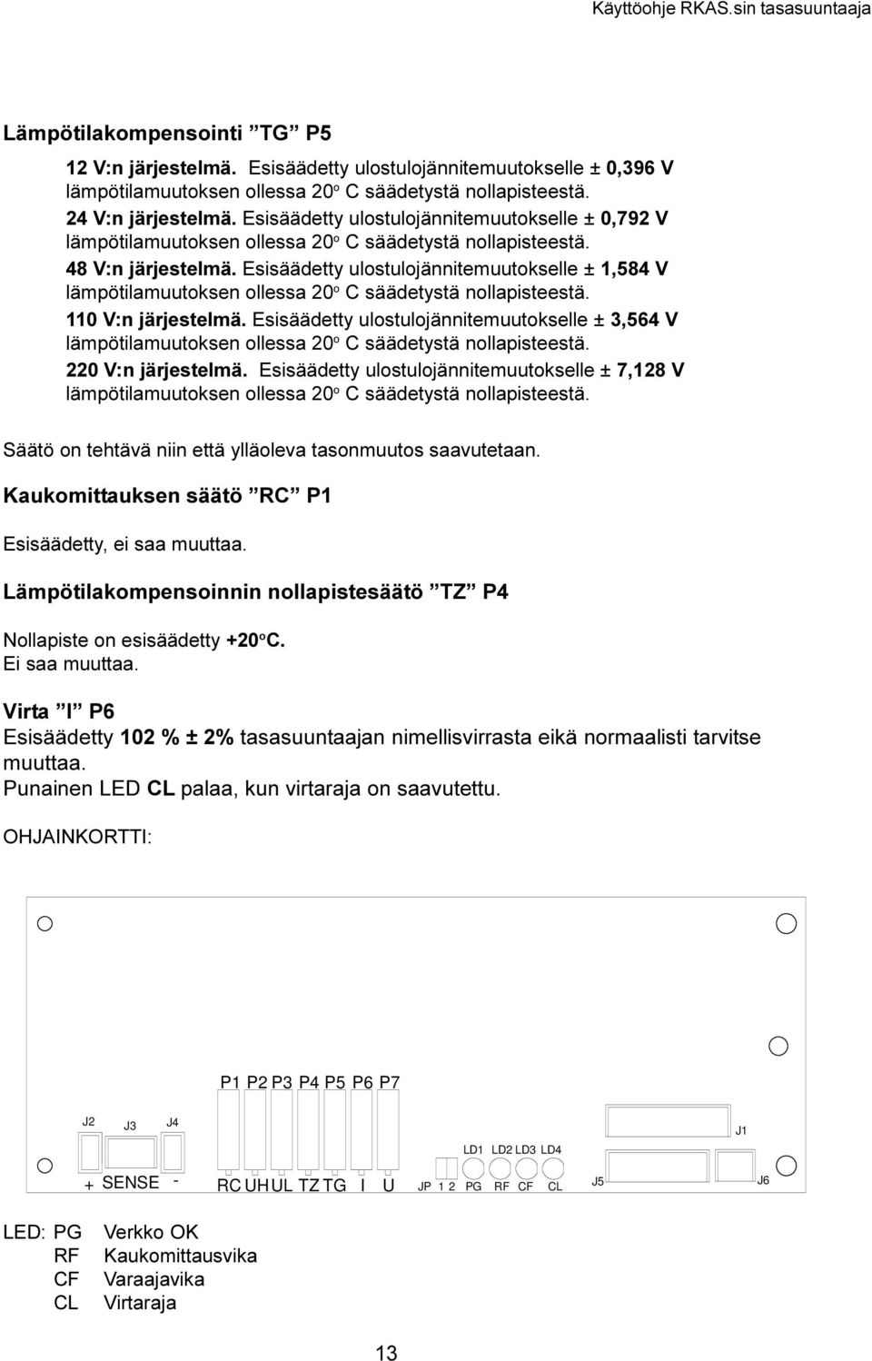 säädetystä nollapisteestä 110 V:n järjestelmä Esisäädetty ulostulojännitemuutokselle ± 3,564 V lämpötilamuutoksen ollessa 20 o C säädetystä nollapisteestä 220 V:n järjestelmä Esisäädetty
