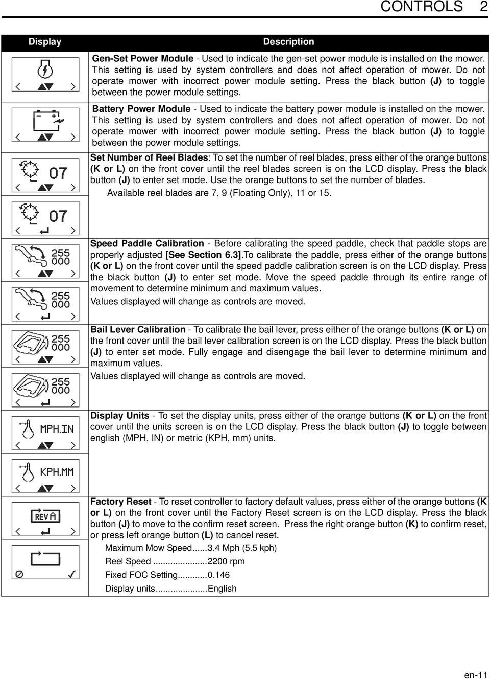 Press the black button (J) to toggle between the power module settings. Battery Power Module - Used to indicate the battery power module is installed on the mower.