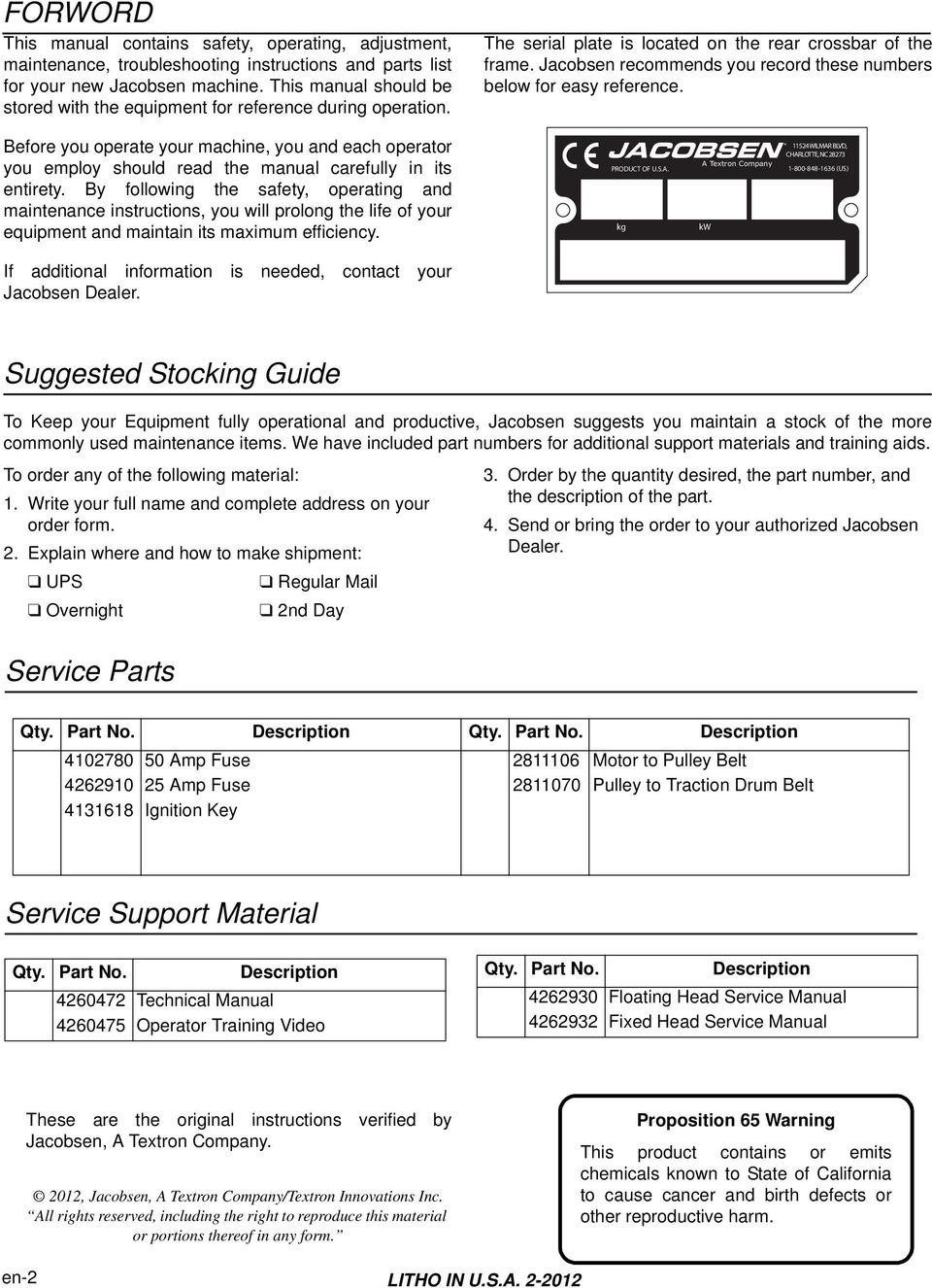 Jacobsen recommends you record these numbers below for easy reference. Before you operate your machine, you and each operator you employ should read the manual carefully in its entirety.