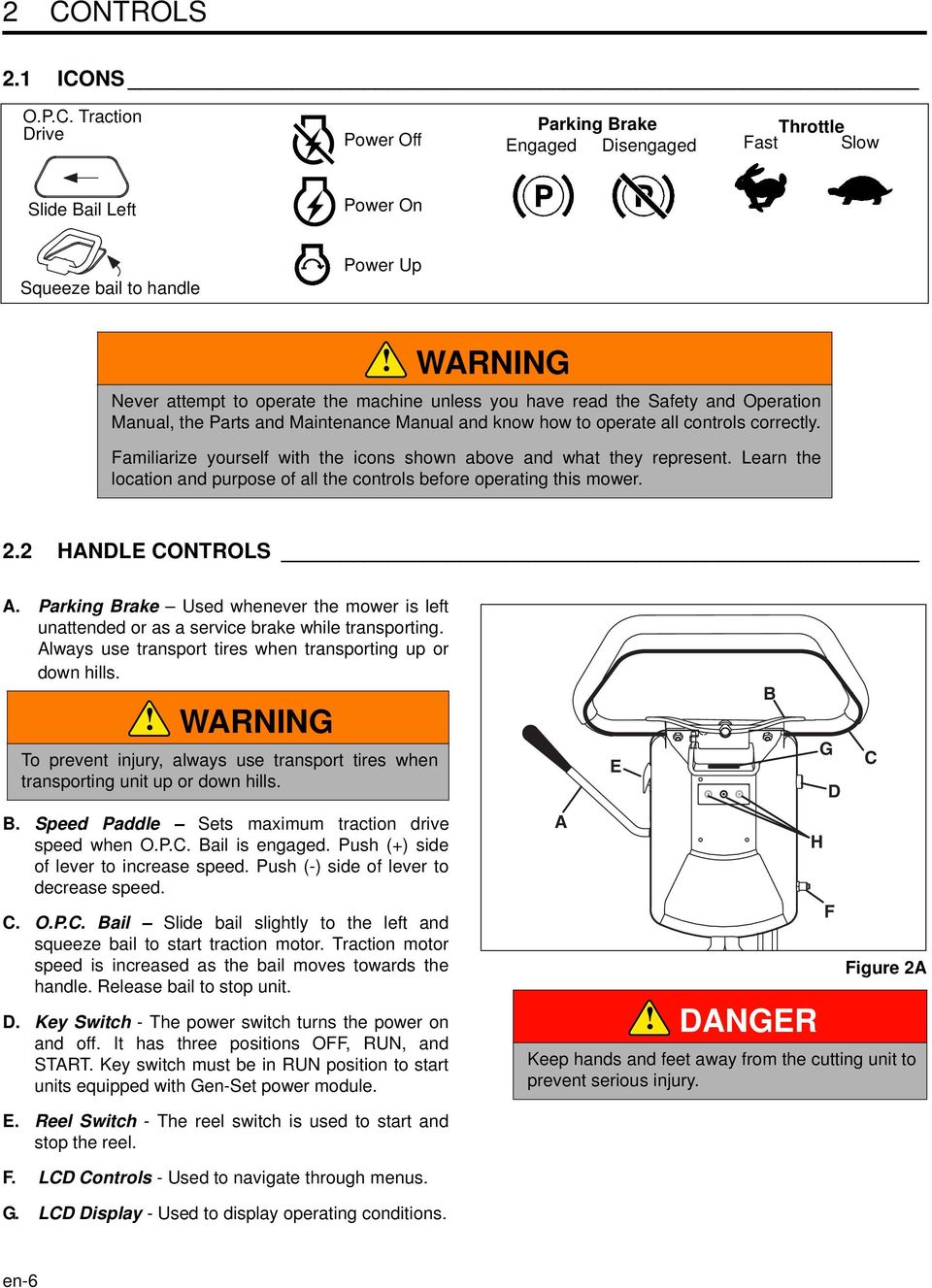 Familiarize yourself with the icons shown above and what they represent. Learn the location and purpose of all the controls before operating this mower. 2.2 HANDLE CONTROLS A.