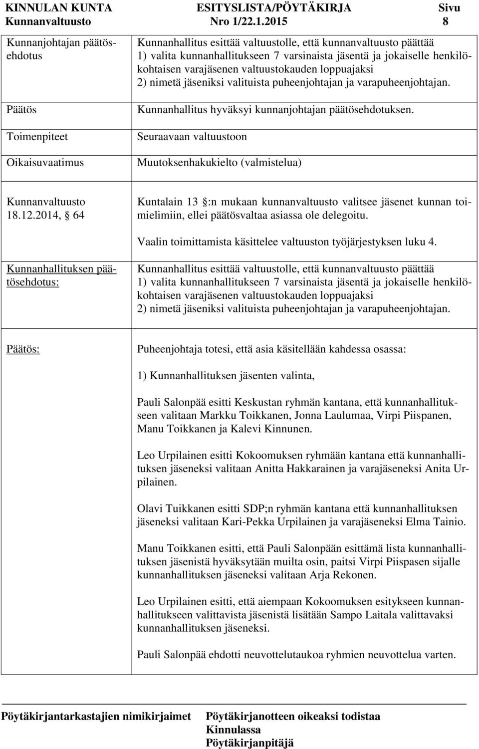 valtuustokauden loppuajaksi 2) nimetä jäseniksi valituista puheenjohtajan ja varapuheenjohtajan. Päätös Toimenpiteet Oikaisuvaatimus hyväksyi kunnanjohtajan päätösehdotuksen.