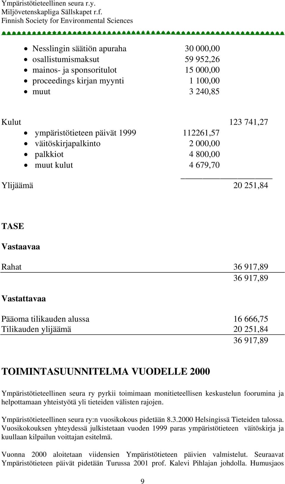 ylijäämä 20 251,84 36 917,89 TOIMINTASUUNNITELMA VUODELLE 2000 Ympäristötieteellinen seura ry pyrkii toimimaan monitieteellisen keskustelun foorumina ja helpottamaan yhteistyötä yli tieteiden