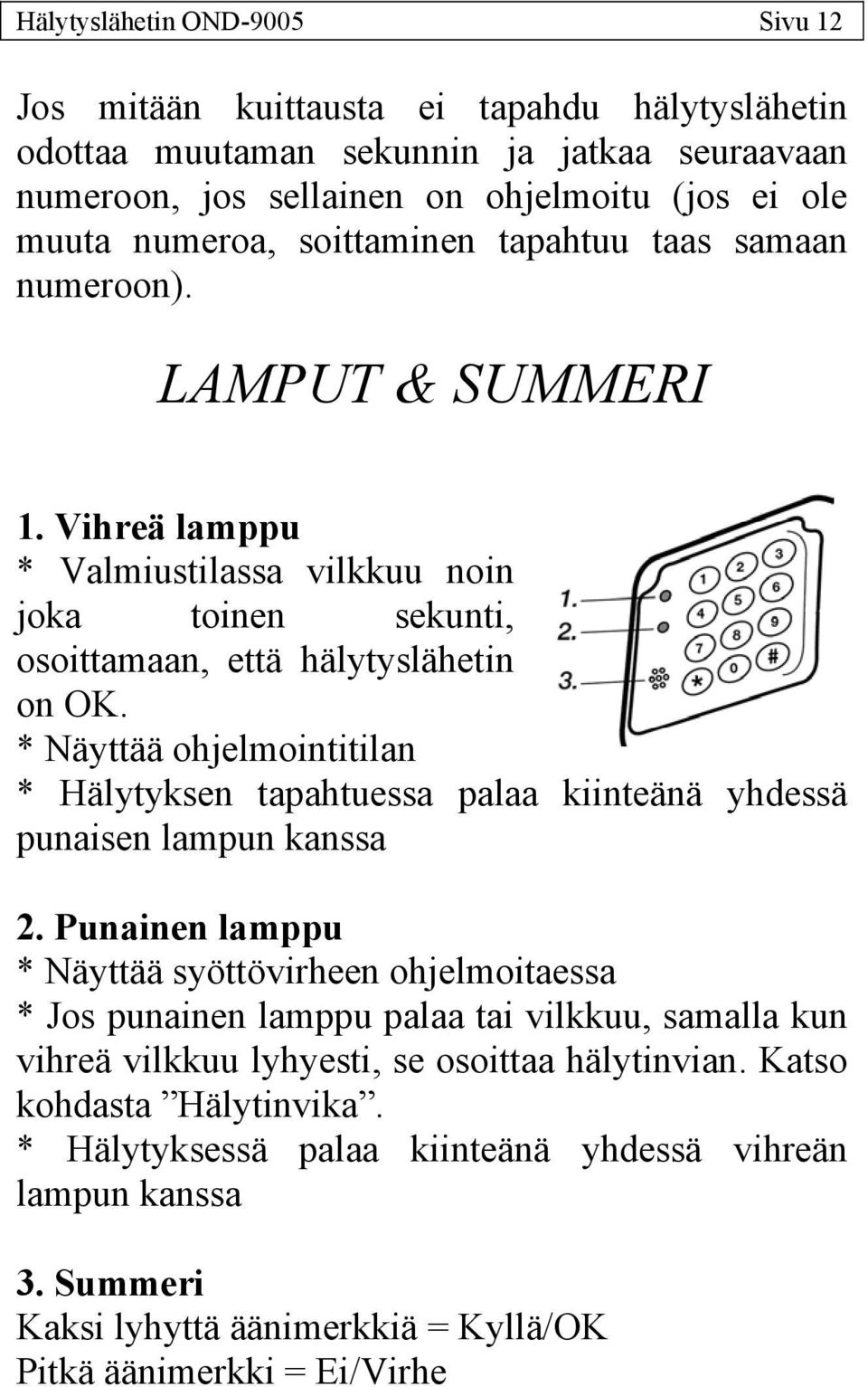 * Näyttää ohjelmointitilan * Hälytyksen tapahtuessa palaa kiinteänä yhdessä punaisen lampun kanssa 2.