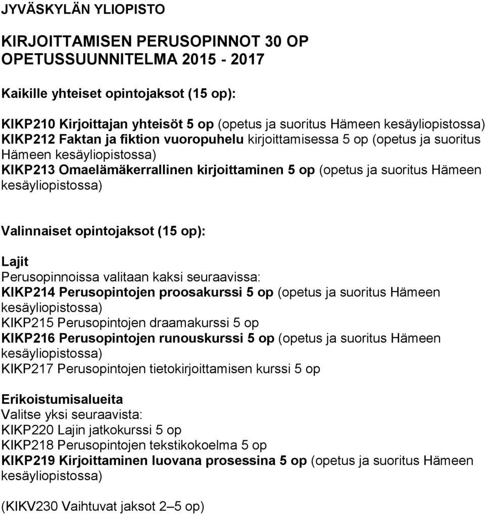 kesäyliopistossa) Valinnaiset opintojaksot (15 op): Lajit Perusopinnoissa valitaan kaksi seuraavissa: KIKP214 Perusopintojen proosakurssi 5 op (opetus ja suoritus Hämeen kesäyliopistossa) KIKP215