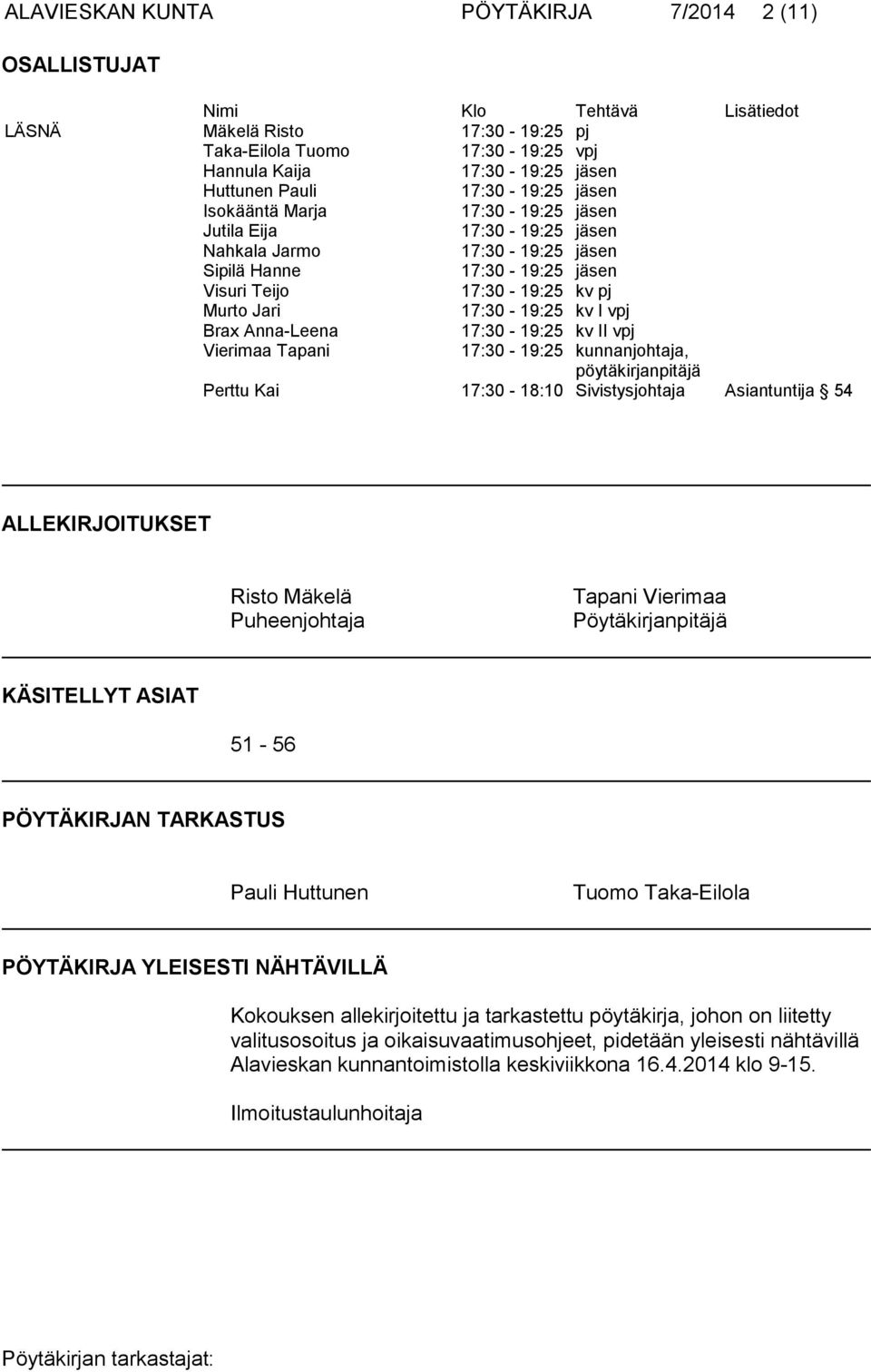 pöytäkirjanpitäjä Perttu Kai 17:30-18:10 Sivistysjohtaja Asiantuntija 54 ALLEKIRJOITUKSET Risto Mäkelä Puheenjohtaja Tapani Vierimaa Pöytäkirjanpitäjä KÄSITELLYT ASIAT 51-56 PÖYTÄKIRJAN TARKASTUS