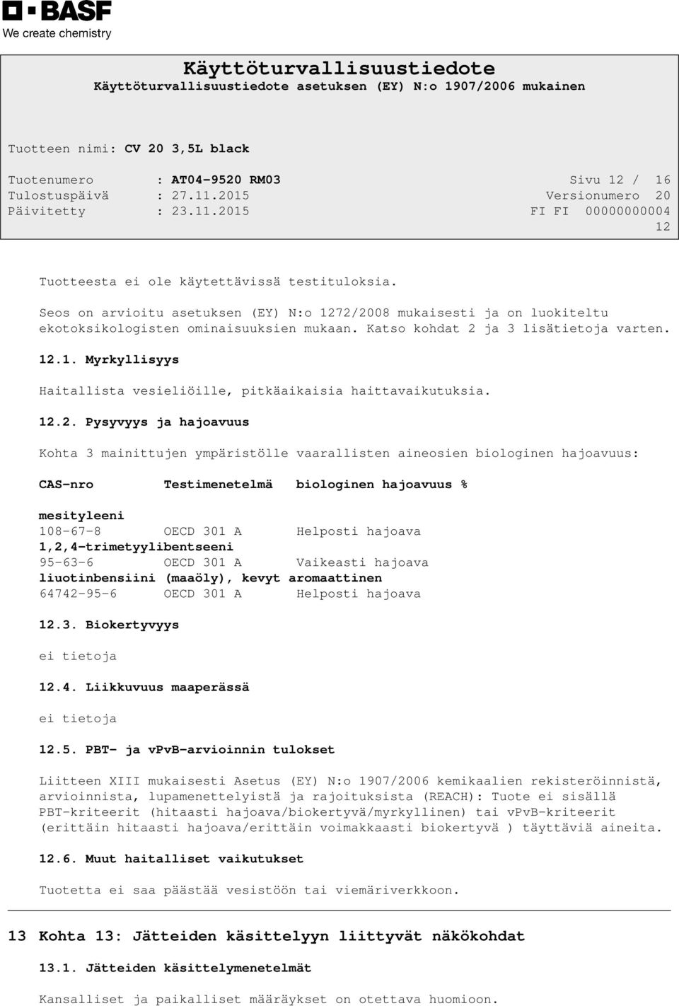 12.2. Pysyvyys ja hajoavuus Kohta 3 mainittujen ympäristölle vaarallisten aineosien biologinen hajoavuus: CAS-nro Testimenetelmä biologinen hajoavuus % mesityleeni 108-67-8 OECD 301 A Helposti