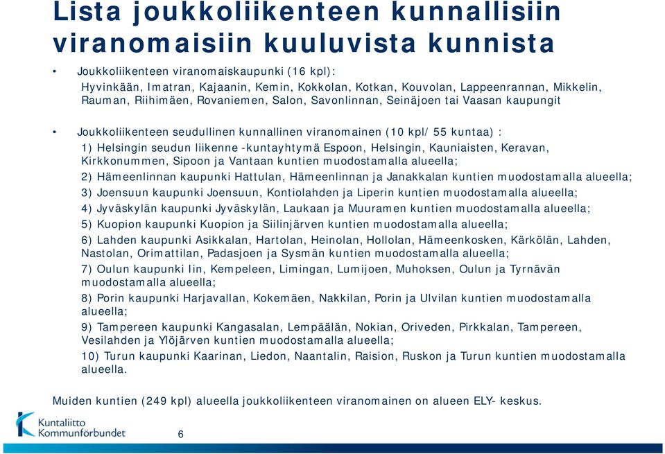 -kuntayhtymä Espoon, Helsingin, Kauniaisten, Keravan, Kirkkonummen, Sipoon ja Vantaan kuntien muodostamalla alueella; 2) Hämeenlinnan kaupunki Hattulan, Hämeenlinnan ja Janakkalan kuntien