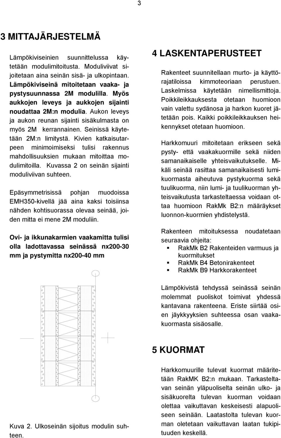 Aukon leveys ja aukon reunan sijainti sisäkulmasta on myös 2M kerrannainen. Seinissä käytetään 2M:n limitystä.