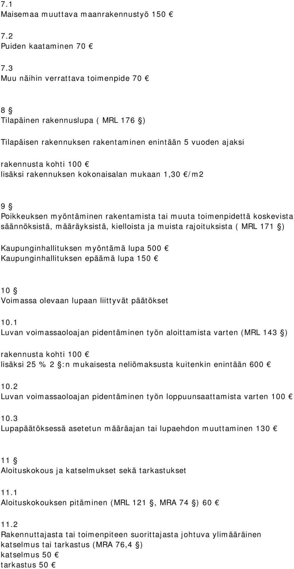 myöntäminen rakentamista tai muuta toimenpidettä koskevista säännöksistä, määräyksistä, kielloista ja muista rajoituksista ( MRL 171 ) Kaupunginhallituksen myöntämä lupa 500 Kaupunginhallituksen