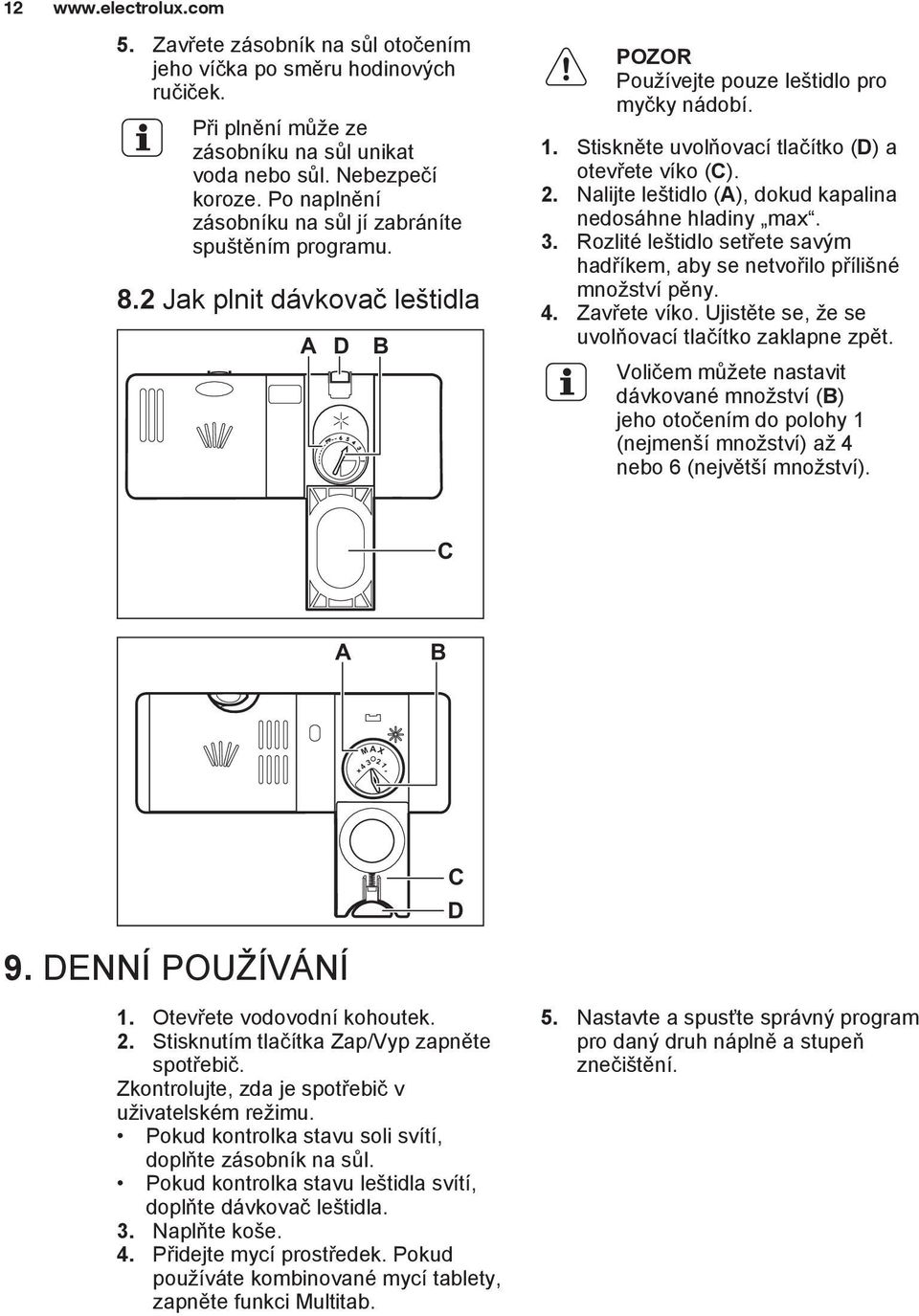 Stiskněte uvolňovací tlačítko (D) a otevřete víko (C). 2. Nalijte leštidlo (A), dokud kapalina nedosáhne hladiny max. 3.