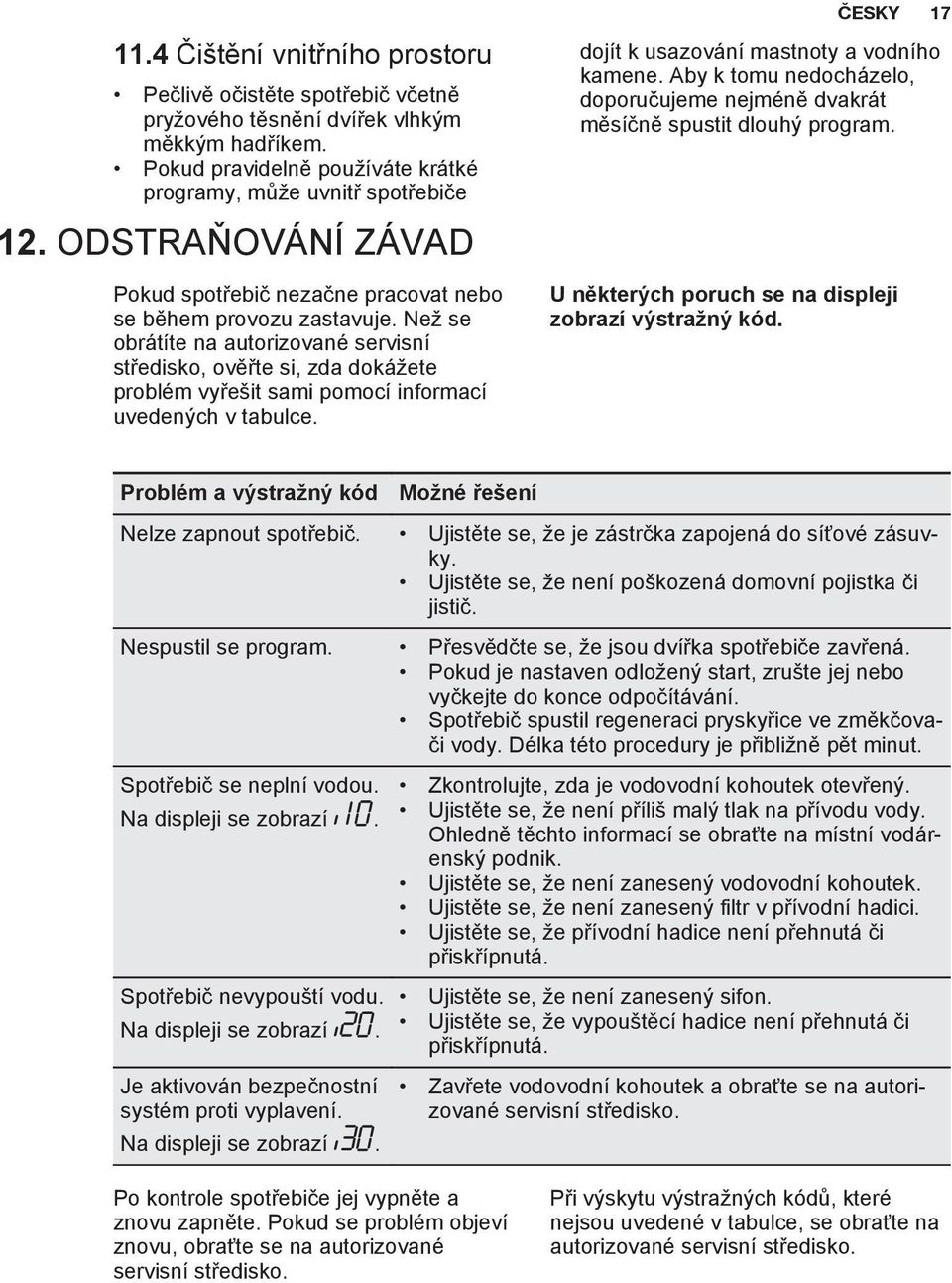 Než se obrátíte na autorizované servisní středisko, ověřte si, zda dokážete problém vyřešit sami pomocí informací uvedených v tabulce. ČESKY 17 dojít k usazování mastnoty a vodního kamene.