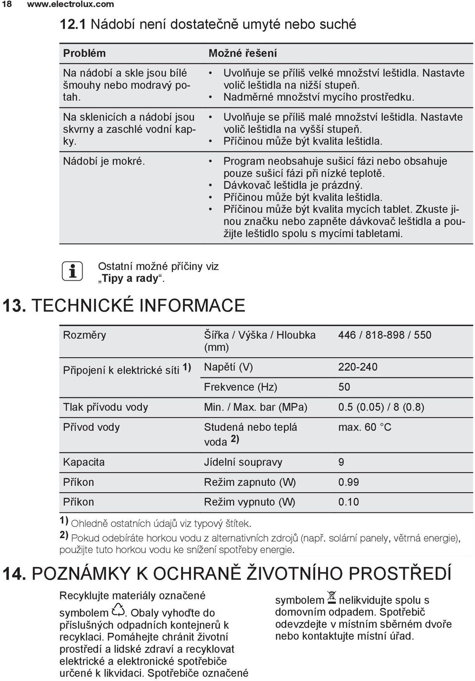 Nastavte volič leštidla na vyšší stupeň. Příčinou může být kvalita leštidla. Nádobí je mokré. Program neobsahuje sušicí fázi nebo obsahuje pouze sušicí fázi při nízké teplotě.