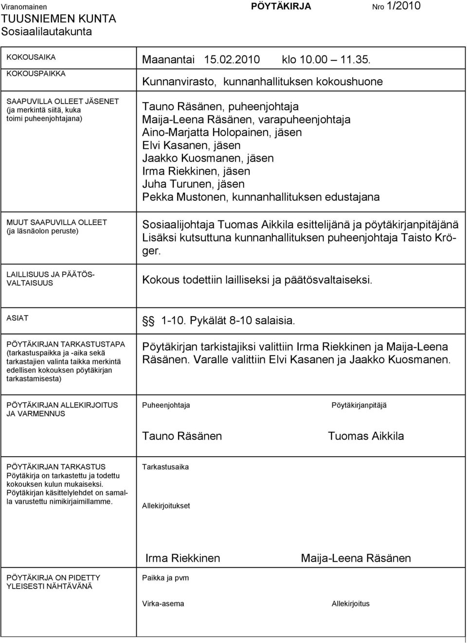 puheenjohtaja Maija-Leena Räsänen, varapuheenjohtaja Aino-Marjatta Holopainen, jäsen Elvi Kasanen, jäsen Jaakko Kuosmanen, jäsen Irma Riekkinen, jäsen Juha Turunen, jäsen Pekka Mustonen,